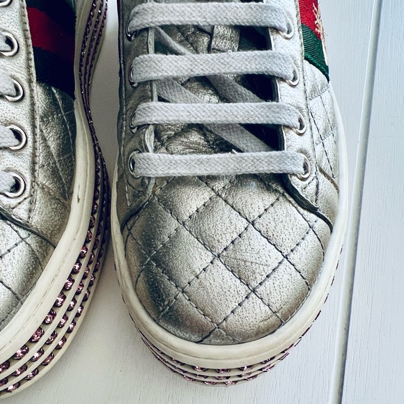 Gucci Silver Quilted Leather Bee Web Ace Crystal Embellished Platform Sneakers - Picture 13 of 16